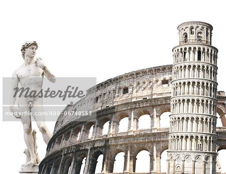 Leaning Tower of Pisa, Colosseum and Michelangelo's David. Isolated over white