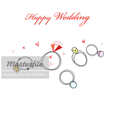 Greeting card with wedding rings and hearts on a white background