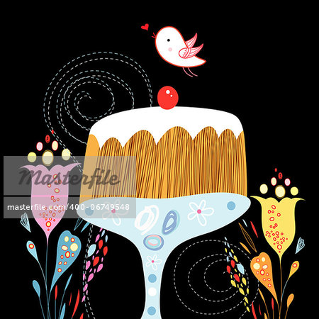 bright delicious cake and a bird on a black background with flowers