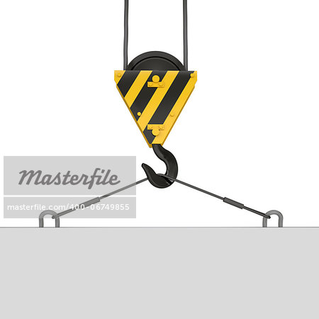 Crane hook lifts the white plate. Isolated render on a white background