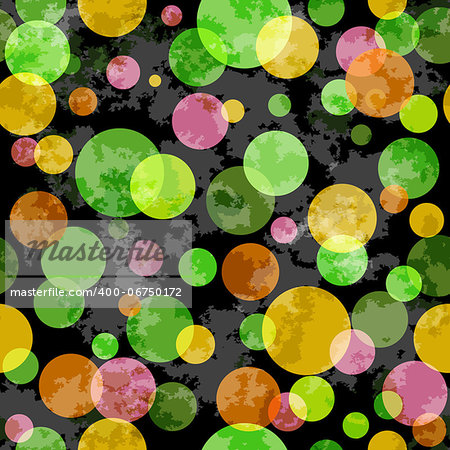 Seamless dark grunge spotty pattern with colorful translucent balls (vector EPS 10)