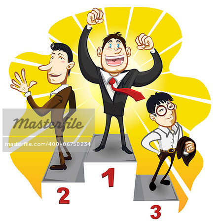 A Business Podium With The Winner Businessman Champion Stand In The First, Second And Third Place