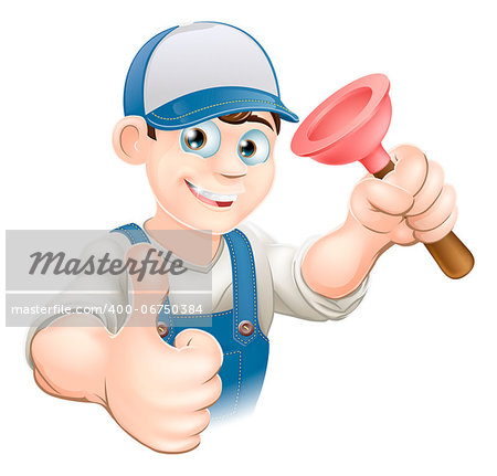 Cartoon of a man in work gear giving a thumbs up and holding a plunger. Perhaps a plumber.