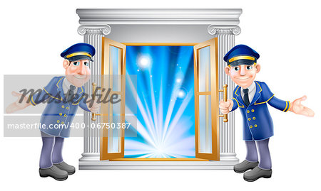 An illustration of two VIP doormen characters holding open a door at the entrance to a venue or hotel