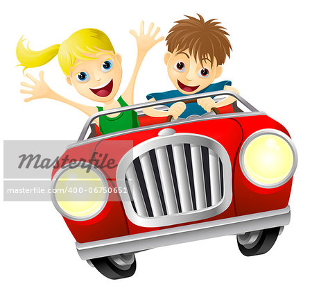 Cartoon young man and woman having fun driving a red convertible car