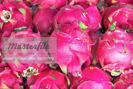Dragon Fruit Pitahayas at Fruit and Vegetables Stand in Southeast Asian Market Closeup Background