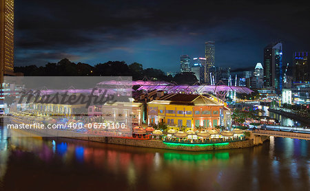 Nightlife at Clarke Quay Along Singapore River at Blue Hour Panorama Aerial View