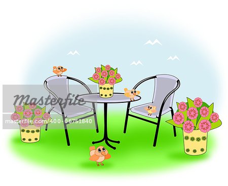 Garden furniture in a      garden,     where there are     little birds and       pots with     flowers.