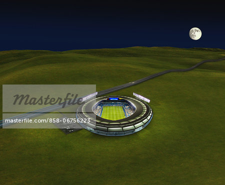 Stadium In Center Of Green Landscape With Full Moon