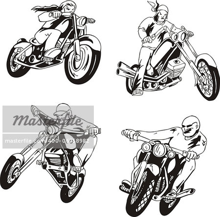Vector set of bikers on motorcycles. Black and white sketches.
