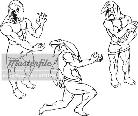 Reptile mascots - gator, lizard, cobra. Vector set. Characters with human body and animal head.