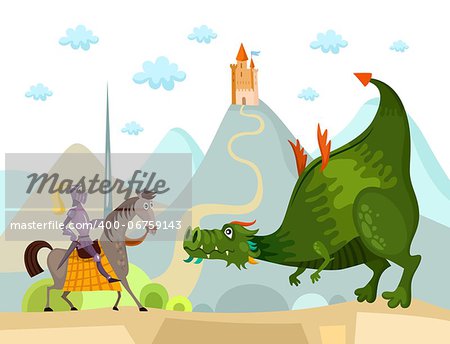 vector illustration of a cute dragon and knight