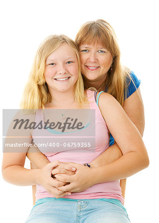 Portrait of a beautiful blond, blue eyed mother and teenage daughter.  Isolated on white.