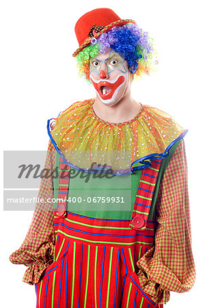 Portrait of a surprised clown. Isolated on white