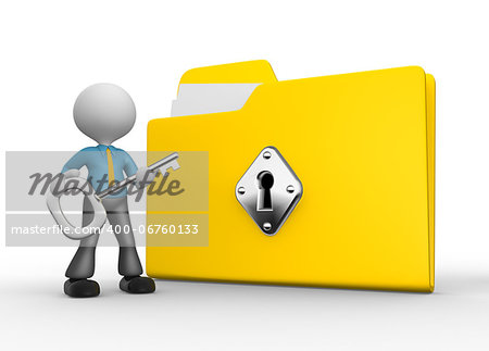 3d people - man, person with protected folder holding key in his hand.