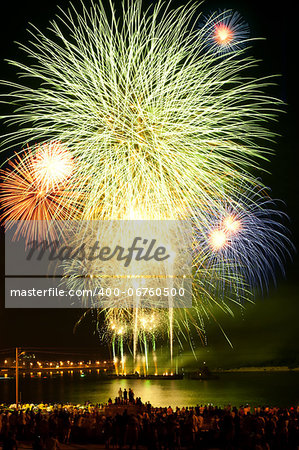 Brightly colorful fireworks and salute of various colors in the night sky