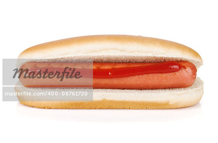 Hot dog with ketchup. Isolated on white background