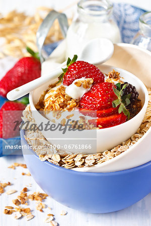 Fresh breakfast. Oat flakes with yogurt and berries.