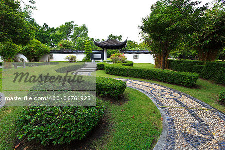 Chinese garden with  circle rock path.