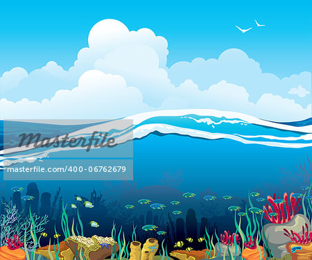 Nature vector seascape with underwater creatures and blue cloudy sky over surface