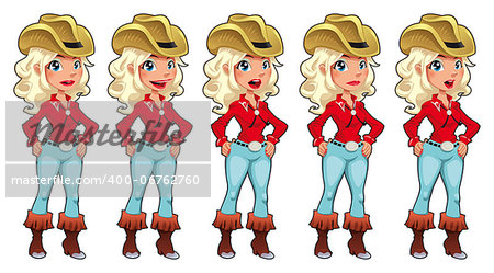 Cowgirl talking. Funny cartoon and vector isolated characters.