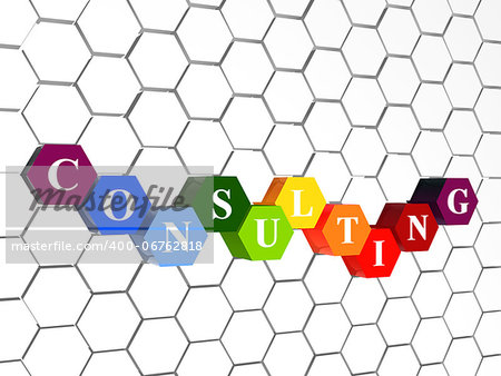 consulting - word in cellular structure, 3d color hexagons with white text, business growth concept