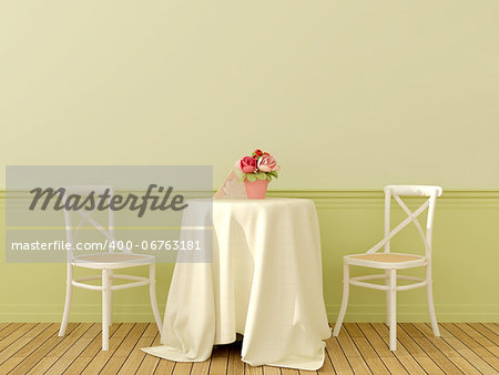 The interior in the style of Provence with two white chairs and a coffee table covered with a linen tablecloth on soft green background