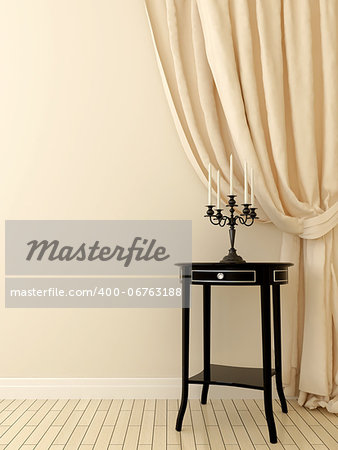 Elegant composition of black classic table and monochrome soft beige curtains on a light background.