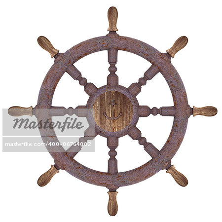 Render of rusty nautical steering wheel isolated on white background