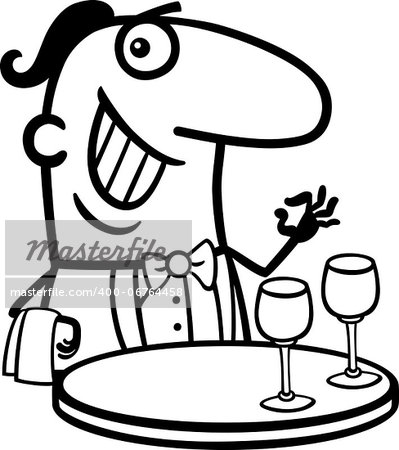 Black and White Cartoon Illustration of Funny Male Waiter in Restaurant Profession Occupation for Coloring Book