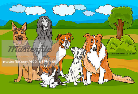 Cartoon Illustration of Cute Purebred Dogs or Puppies Group against Rural Landscape or Park Scene