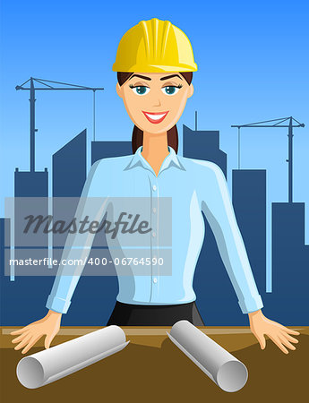 Young woman engineer with building activity in background