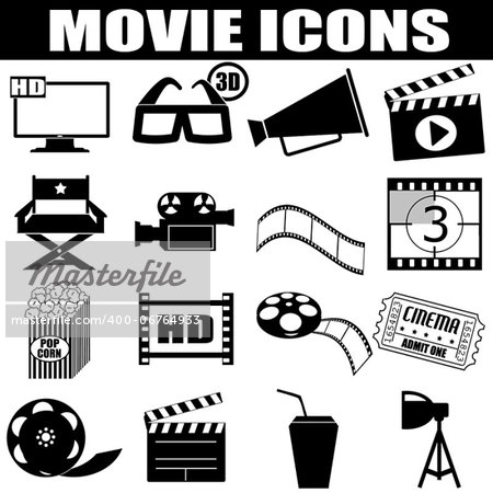 Movie icons set on white background, vector illustration