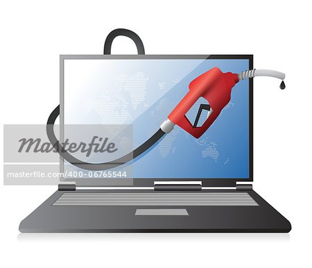 laptop computer with a gas pump nozzle illustration design over a white background