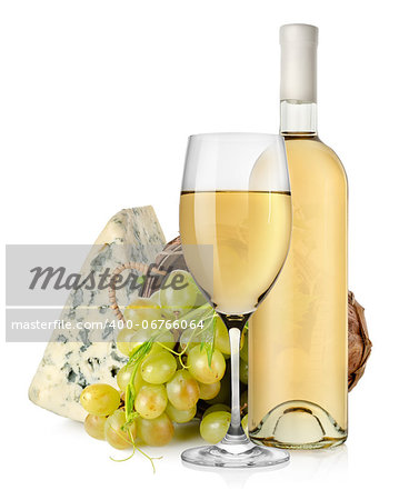 Blue cheese wine and grapes in a wooden basket isolated on white background