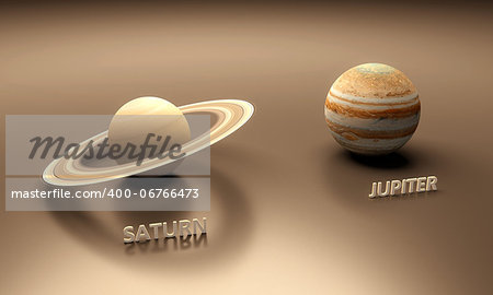 A rendered size-comparison sheet between the Planets Saturn and Jupiter with captions.