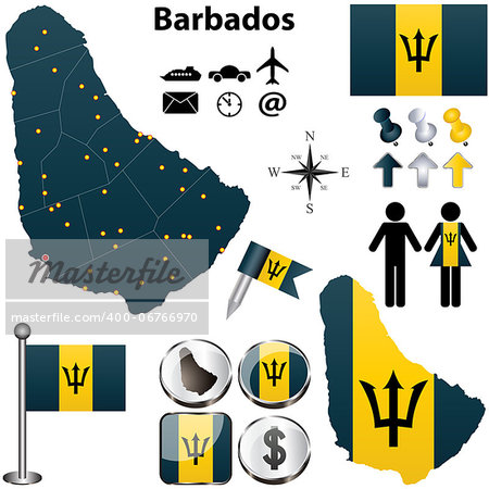 Vector of Barbados set with detailed country shape with region borders, flags and icons