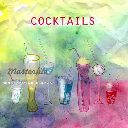 bright different cocktails on a beautiful watercolor background