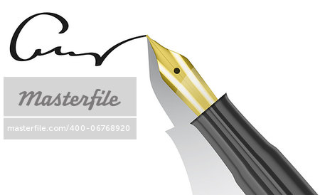 Fountain Pen with golden tip and signature. Vector illustration
