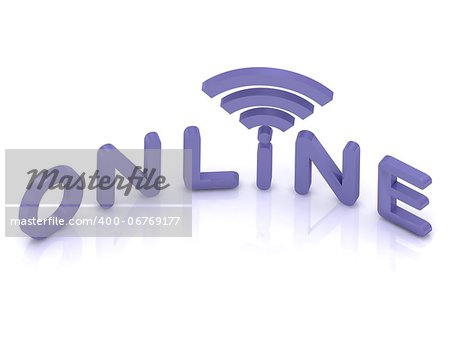 Online sign and antenna with lilac letters on white background