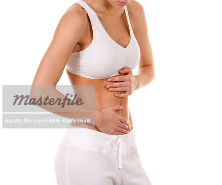 brunette holding her belly on white isolated background