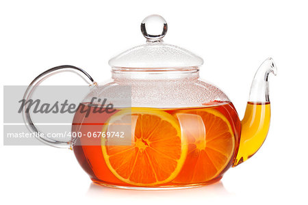 Glass teapot of black tea with lemon. Isolated on white background