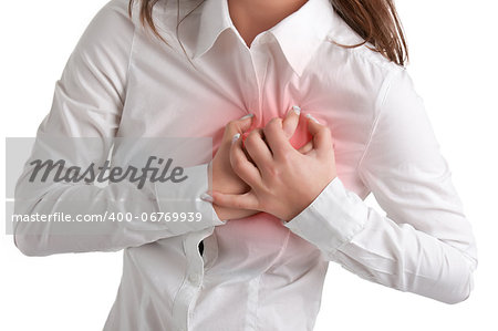 Woman having a pain in the heart area, isolated in white, red circle around painful area