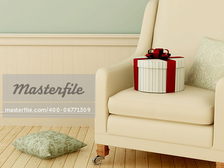 Composition in a rustic style of beige chairs, pillows and gift box