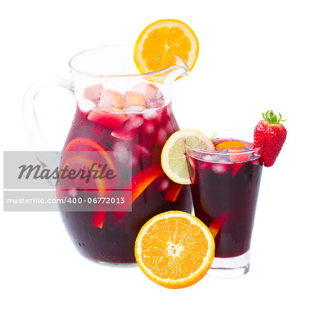 jar  and tall glass of cold sangria wine isolated on white background