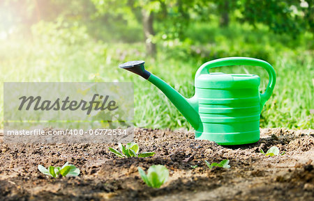 green watering can in garden on ground