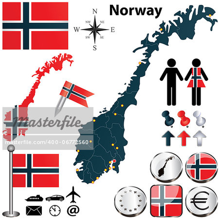 Vector of Norway set with detailed country shape with region borders, flags and icons