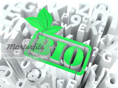 Green Bio Simbol on White Alphabet Wordcloud. Ecological Concept. Background for Your Publication or Blog.