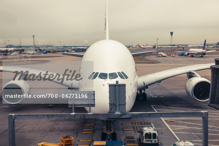 A double decker A380 pushes back to taxi, Heathrow Airport, London, UK