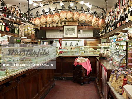interior of specialty meat and antipasto shop, Modena, Italy interior of specialty meat and antipasto shop, Modena, Italy